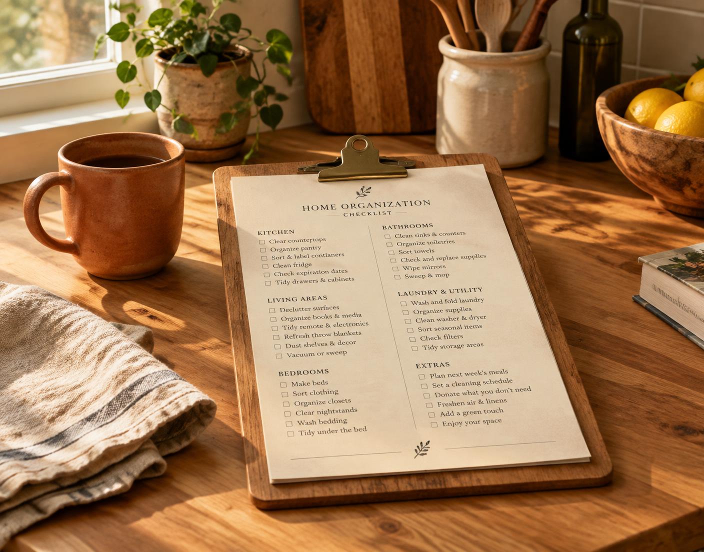 Printed home organization pages on a clipboard in a warm kitchen